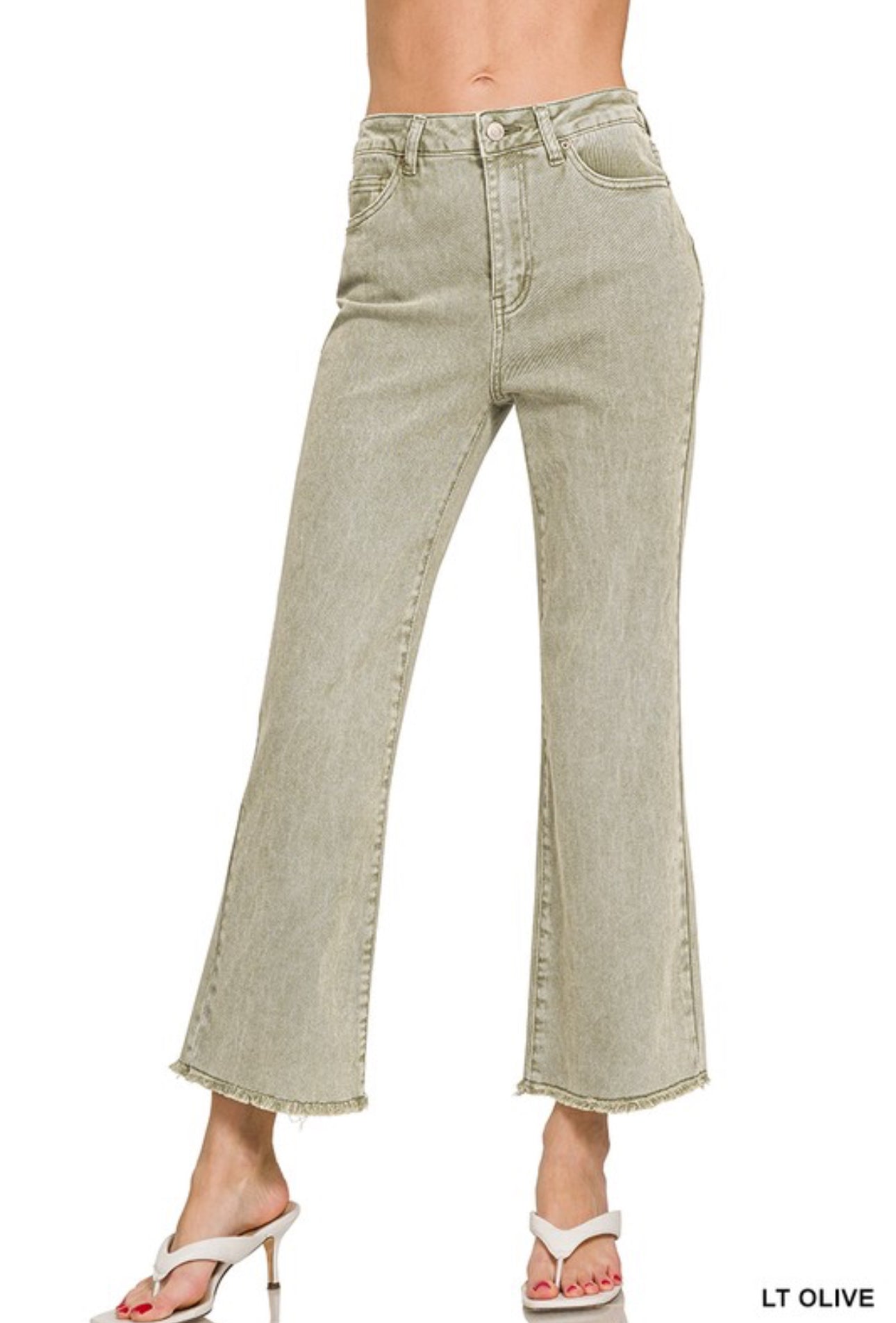 LIGHT OLIVE FRAYED HEM DENIM